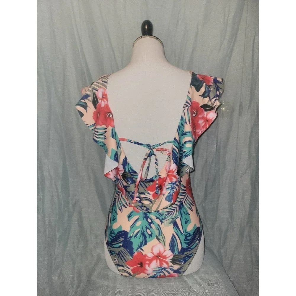 NWOT One Piece Swimsuit medium, ruffles tropical floral